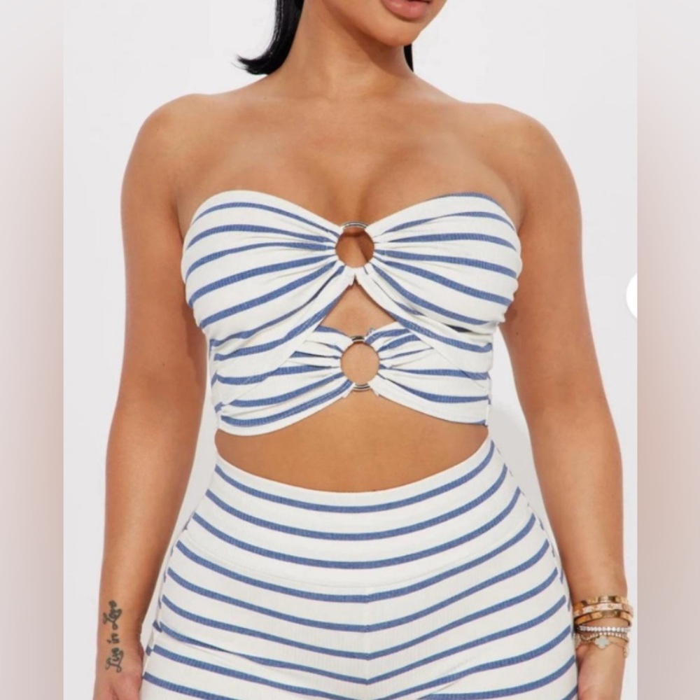 Fashion Nova Blue and White Striped Bandeau and Shorts Set
